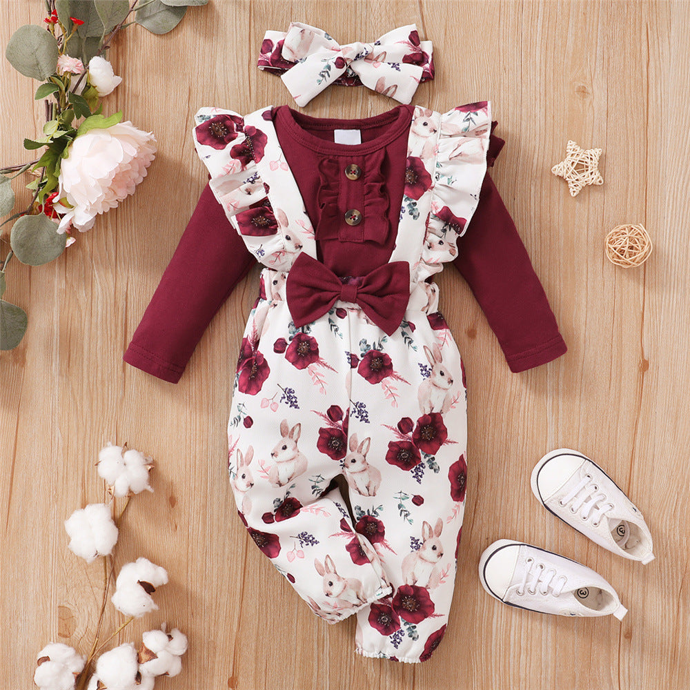 Long-sleeve Jumpsuit Floral Suspender Pants Headscarf Three-piece Set - Cindi Book