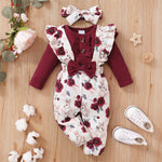 Long-sleeve Jumpsuit Floral Suspender Pants Headscarf Three-piece Set - Cindi Book