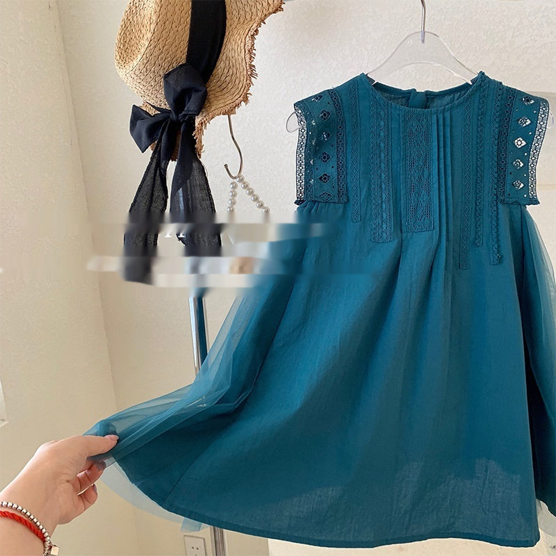Girls' Summer Green Mesh Stitching Sleeveless Lace Vest Dress - Cindi Book