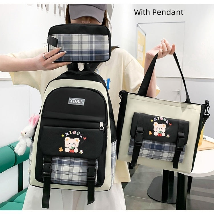 Large Capacity High School Plaid Three-piece Set Junior High School Student Elementary School Studebt Backpack - Cindi Book