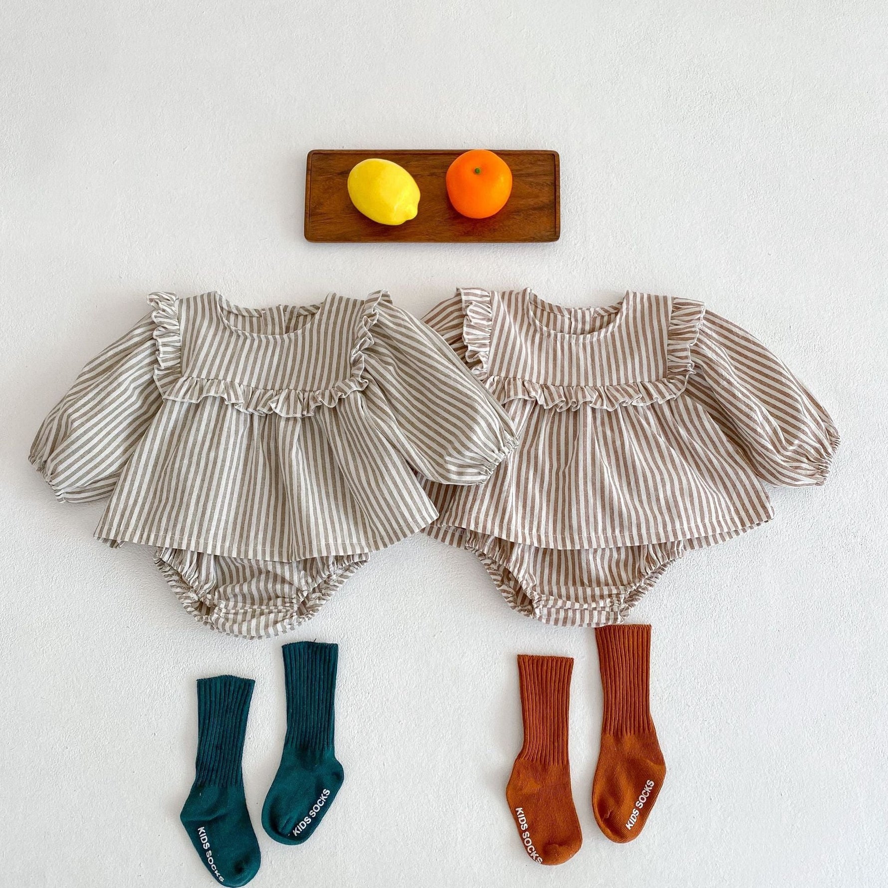 Cotton Baby Ruffle Collar Striped Long Sleeved Skirt Bread Pants Set - Cindi Book