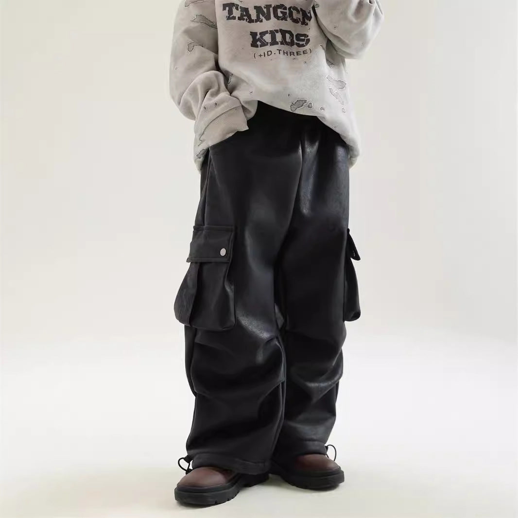 Boy Winter Fleece Lining Workwear Leather Pants - Cindi Book