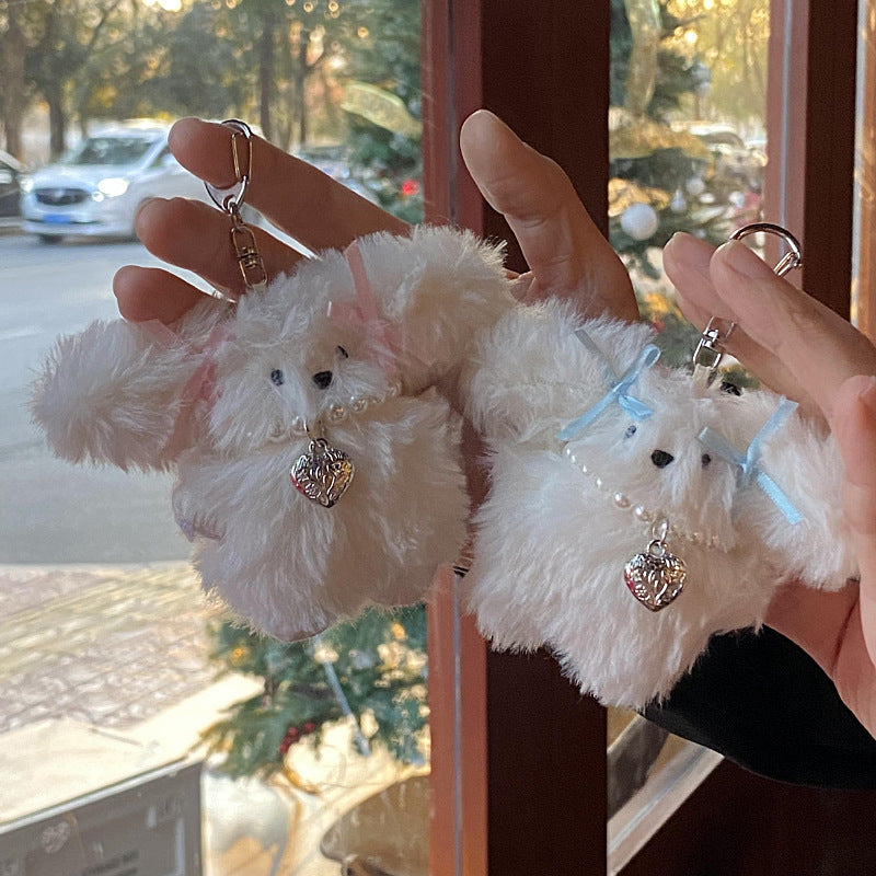 Niche Girl Heart Ribbon Pearl Bow Bunny Keychain Plush Pendant - Cindi Book