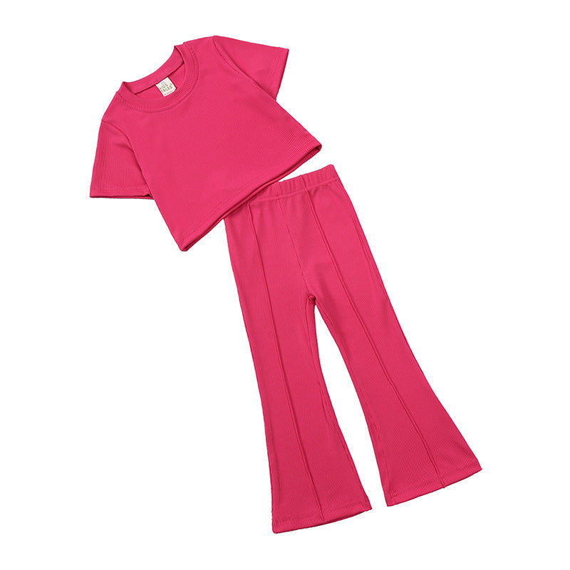 Girls' Short-sleeved Shirt Bell-bottom Pants Two-piece Set - Cindi Book
