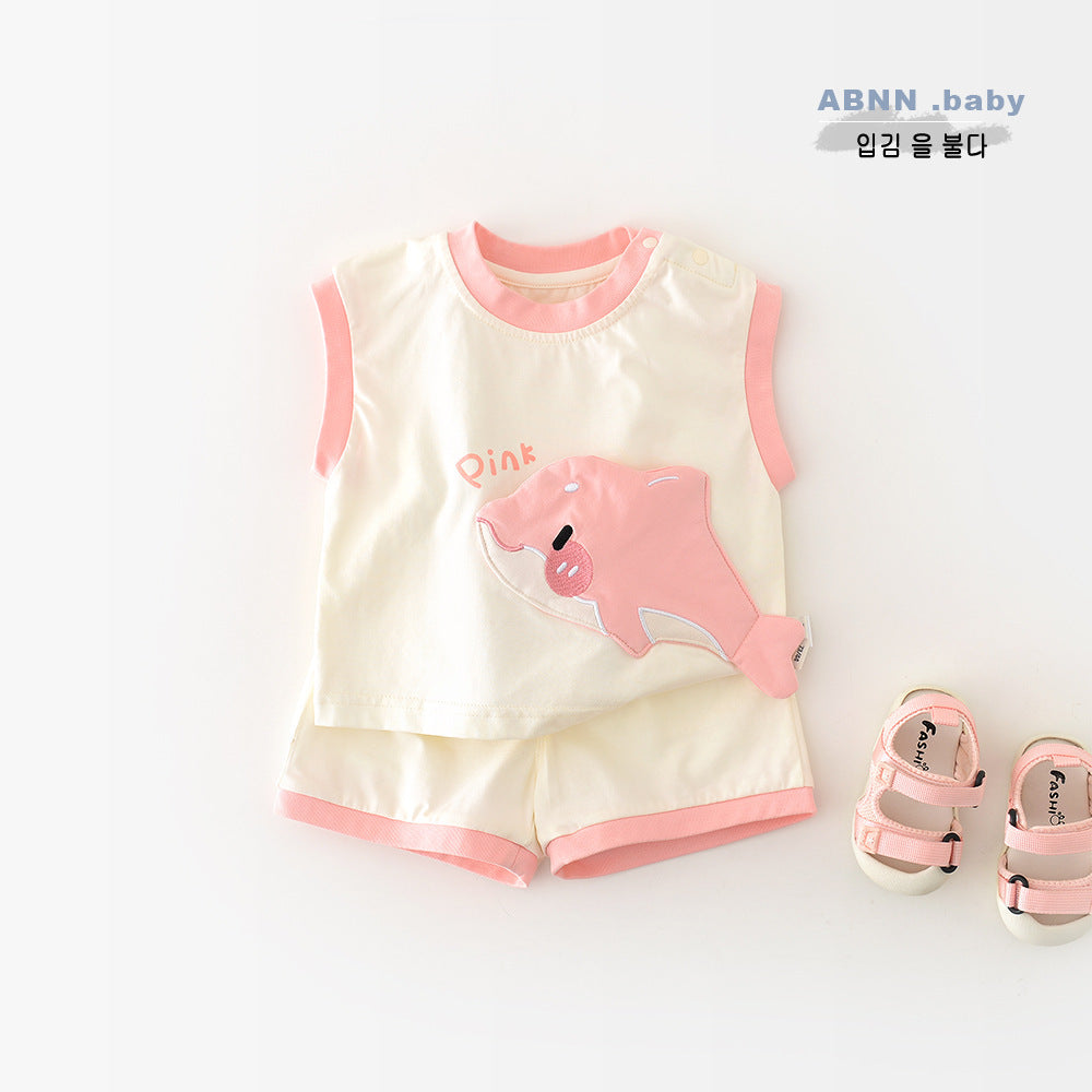 Boys and Girls Summer Cartoon Shark Vest Set