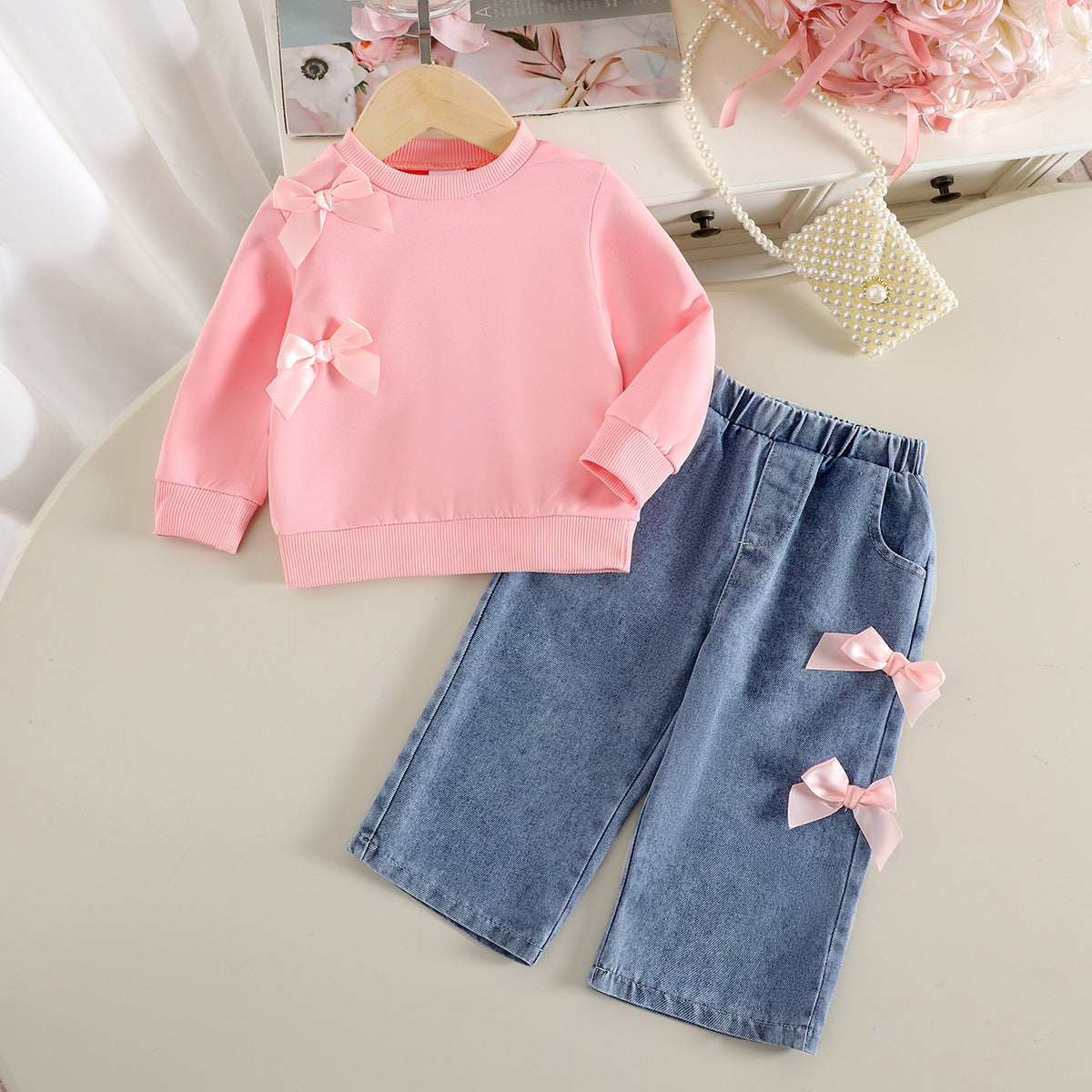 Solid Color Long Sleeve Sweater Pec-Deck Machine Denim Trousers Two-Piece Set