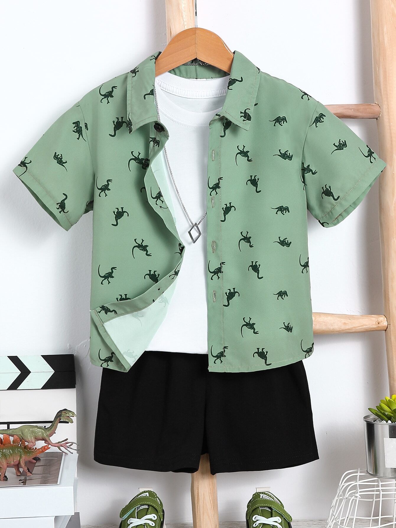 Baby Short Sleeve Shorts Cardigan Two-piece Set Animal Dinosaur Print - Cindi Book