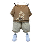 Boys And Girls Solid Color Bear Print Armband T-shirt Short Sleeve Two-piece Set - Cindi Book
