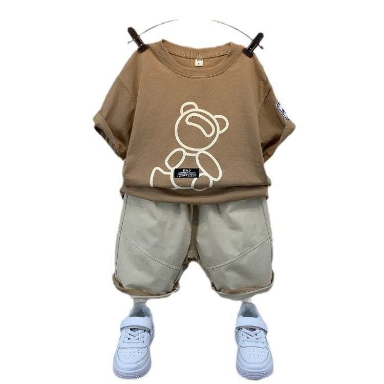 Boys And Girls Solid Color Bear Print Armband T-shirt Short Sleeve Two-piece Set - Cindi Book