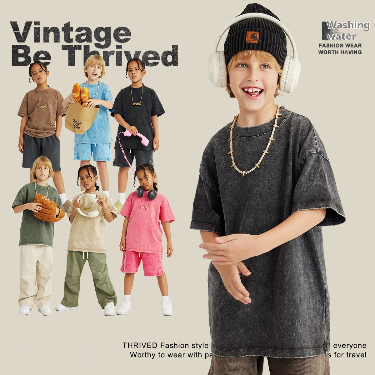 Washed Round Neck Short Sleeve Batik Children's T-shirt - Cindi Book
