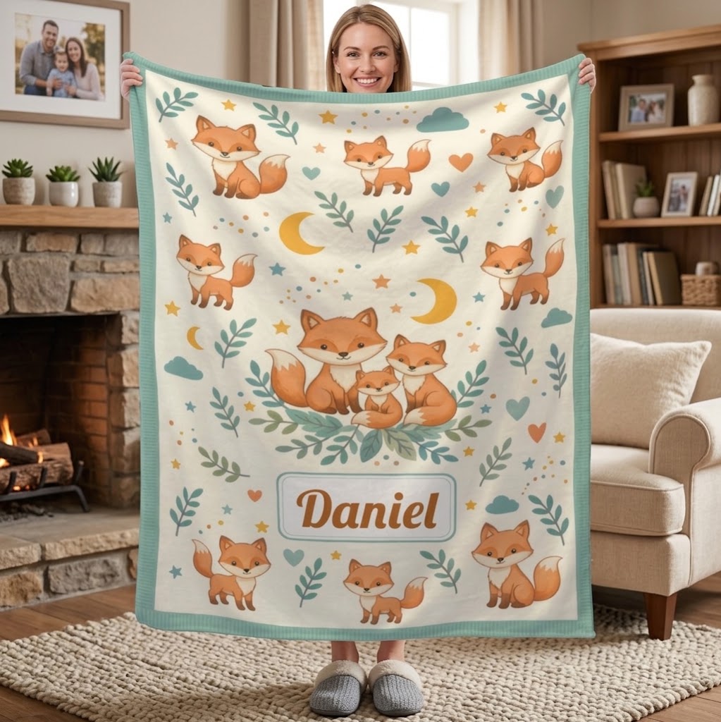 Personalized Fox Blanket with Name - Woodland Fox Family Fleece Throw for Babies, Kids and Fox Lovers - Custom Name Baby Gift