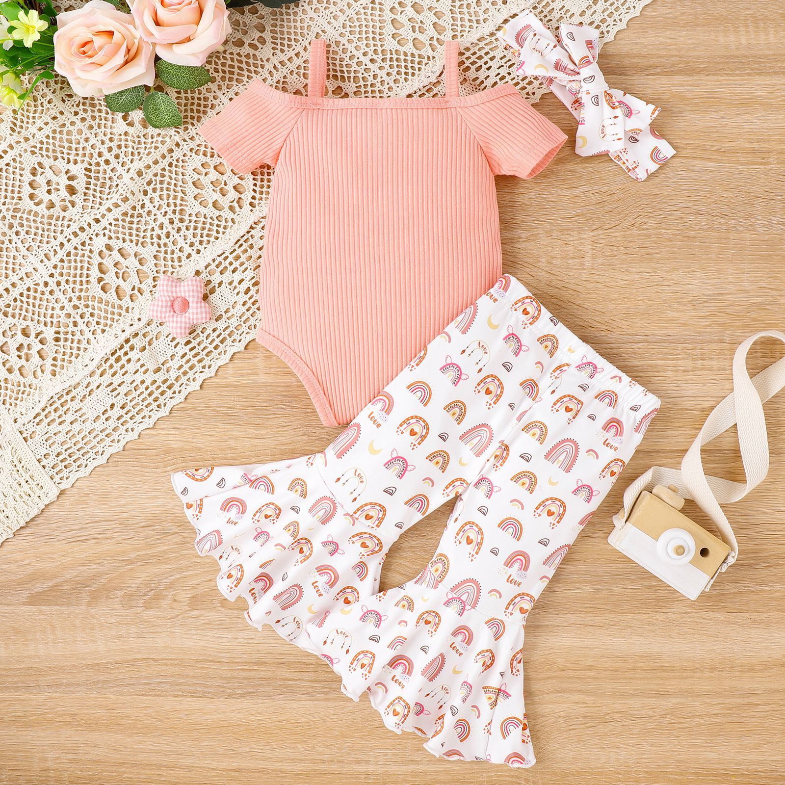 Solid Color Sling Off-shoulder Top Floral Bell-bottom Pants Suit - Cindi Book