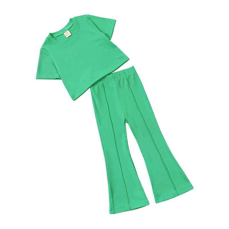 Girls' Short-sleeved Shirt Bell-bottom Pants Two-piece Set - Cindi Book