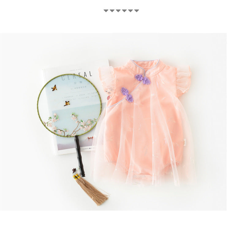 Baby Girl's Antique Style Buckle Mesh Feather Triangle Rompers Infant Onesie Dress - Cindi Book