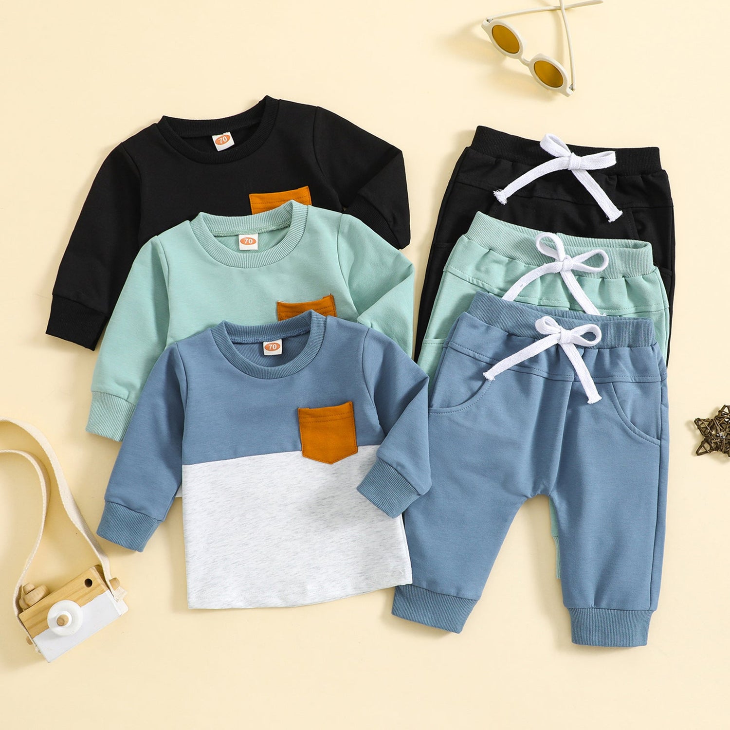 Children Color-Block Crew Neck Long Sleeve Trousers Set