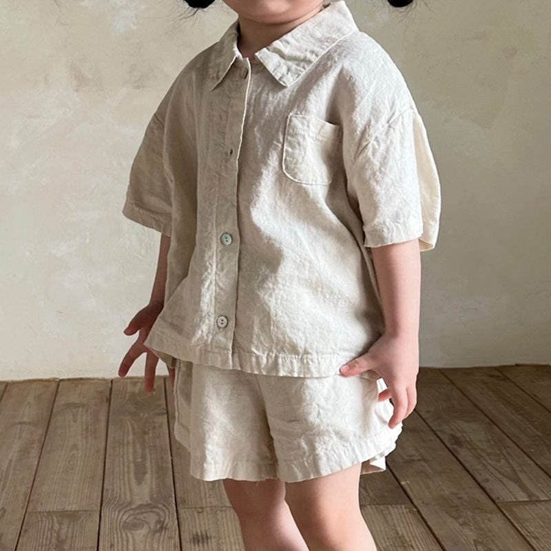 Boys And Girls Lapel Short Sleeve Top Shorts Casual Two-piece Suit - Cindi Book