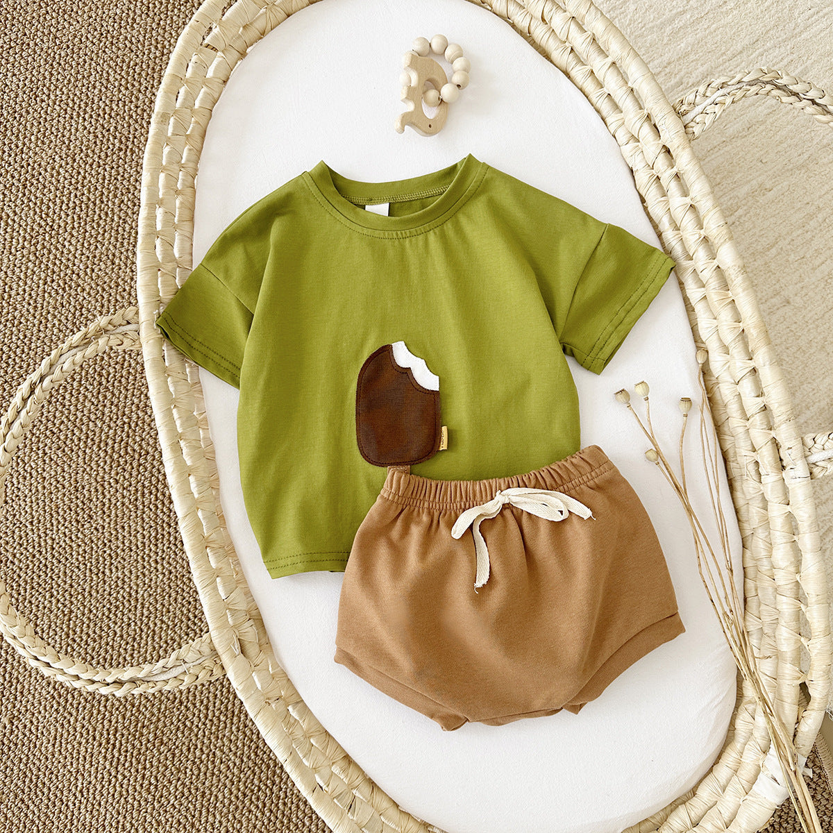 Girls' Casual Round Neck Cotton Ice Cream Patch Short Sleeve Shorts Suit - Cindi Book