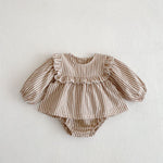 Cotton Baby Ruffle Collar Striped Long Sleeved Skirt Bread Pants Set - Cindi Book