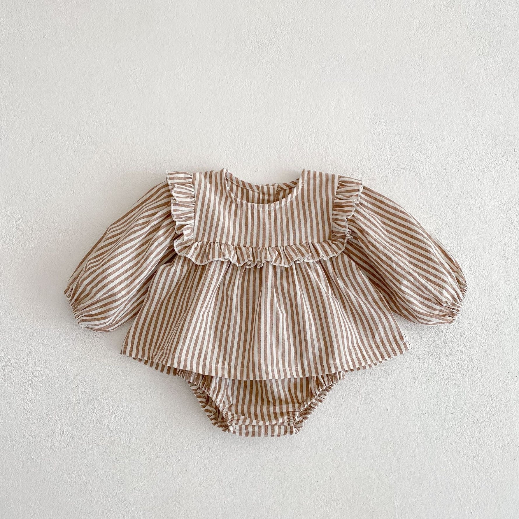 Cotton Baby Ruffle Collar Striped Long Sleeved Skirt Bread Pants Set - Cindi Book
