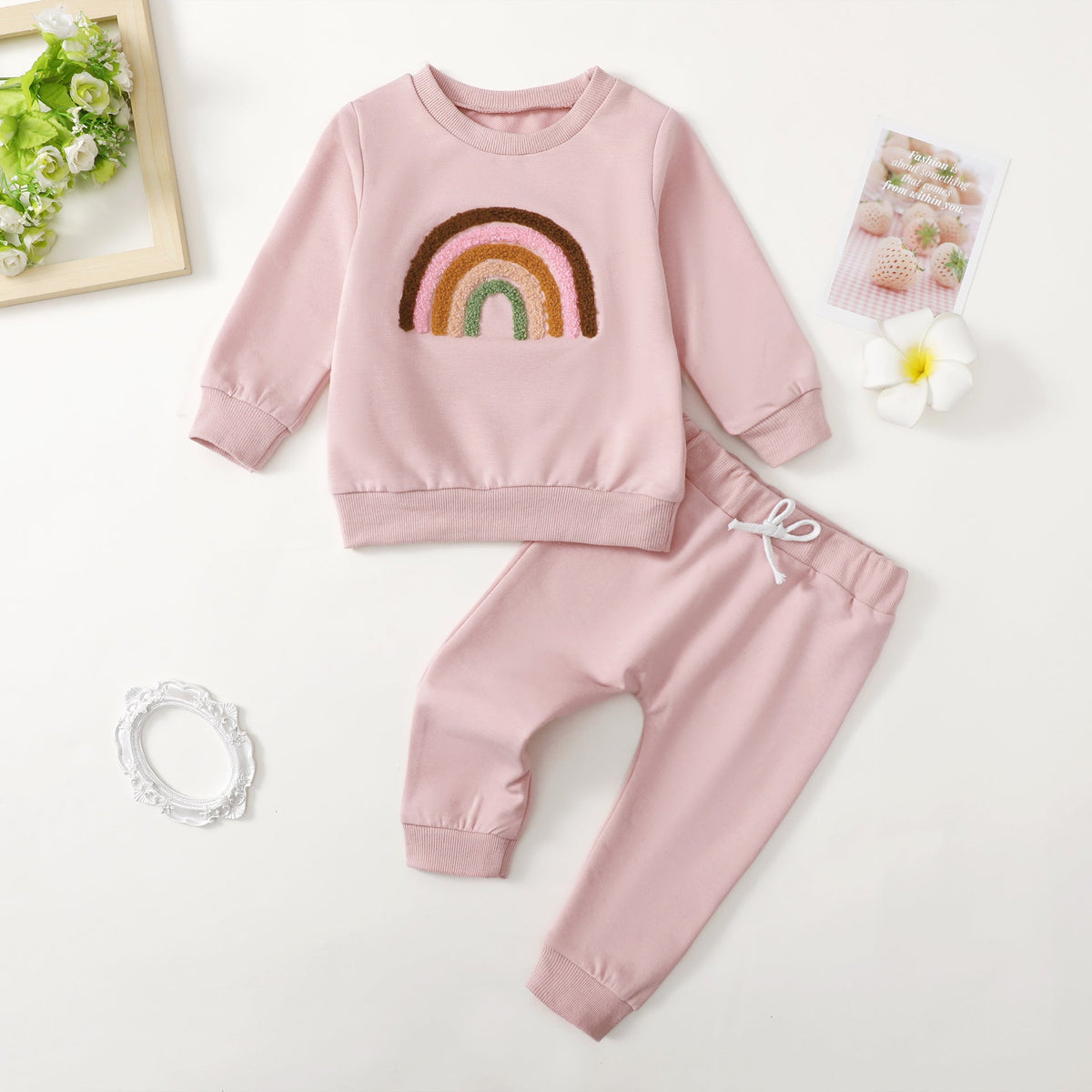 Children's Four-color Towel Embroidery Rainbow Long-sleeved Shirt Fake Drawstring Trousers Two-piece Set - Cindi Book