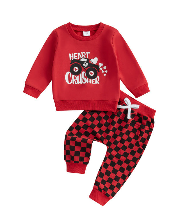 Long Sleeve Letter Heart Printing Sweater Chessboard Plaid Trousers Set