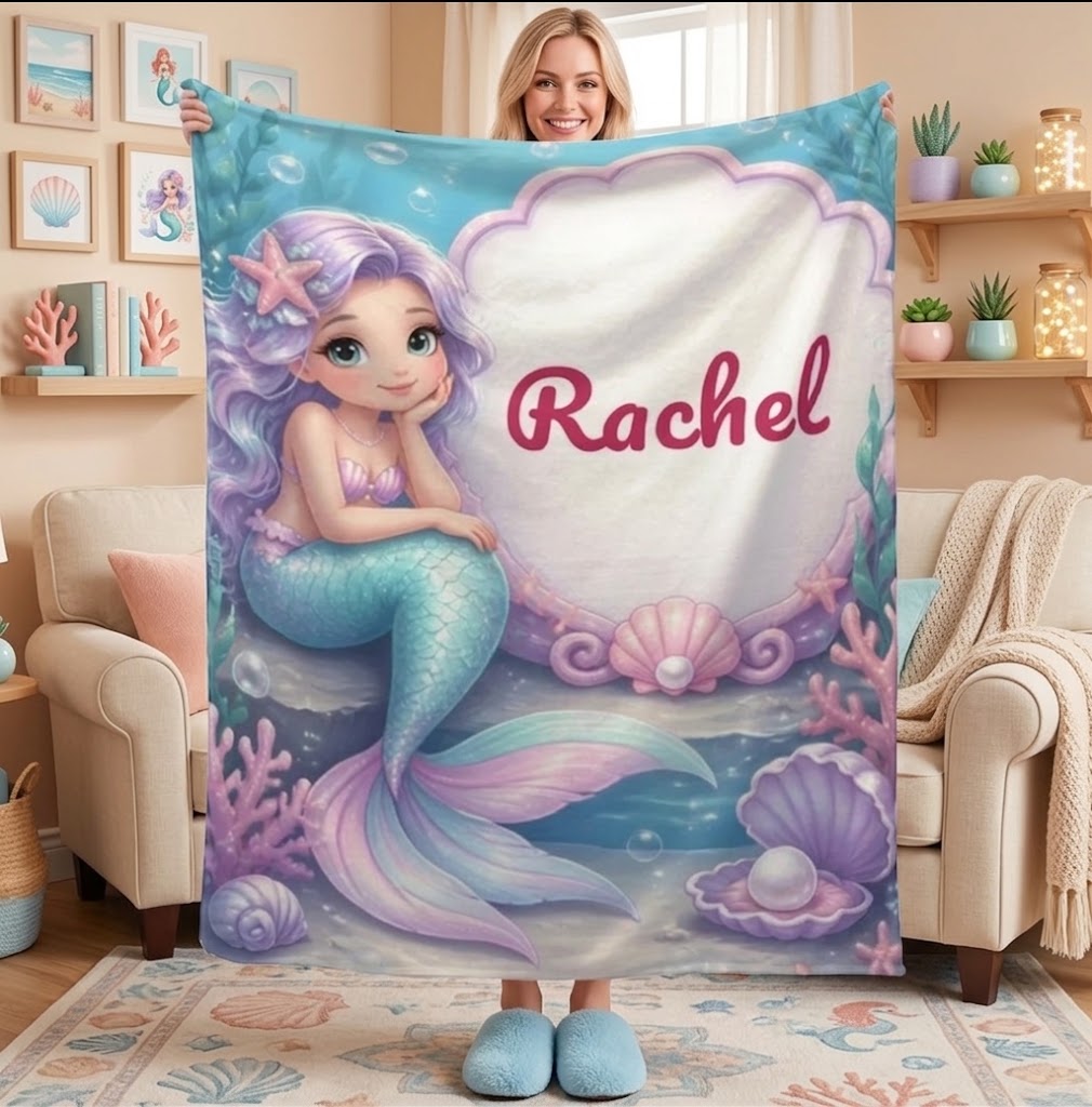 Personalized Mermaid Blanket with Name | Purple Hair & Clamshell Design | Custom Girls Gift