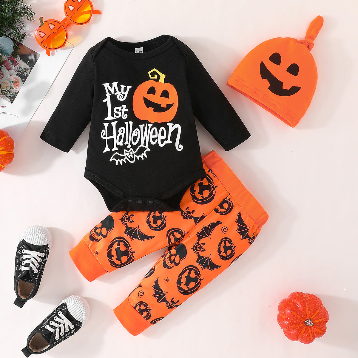 Baby Halloween Letter Long-sleeve Jumpsuit Pumpkin Pattern Trousers Hat Suit - Cindi Book