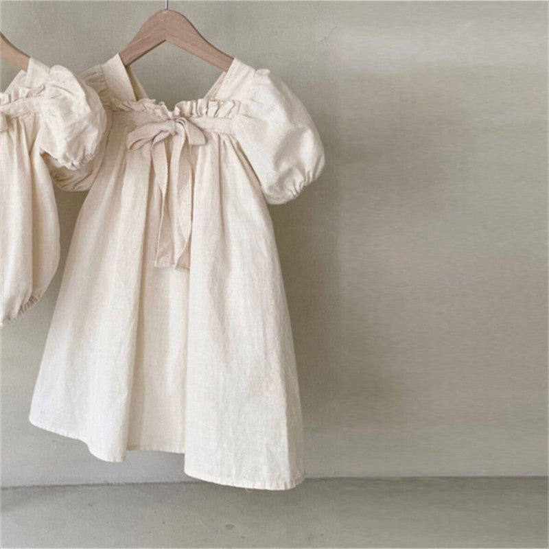 Girls Bow Bubble Sleeve Floral Square Neck Dress - Cindi Book
