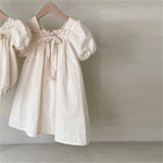 Girls Bow Bubble Sleeve Floral Square Neck Dress - Cindi Book