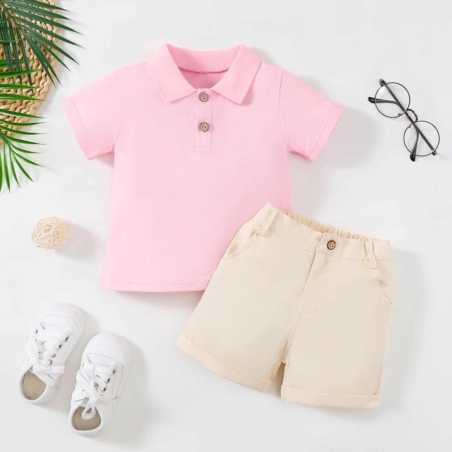 Boy's Polo Shirt Zipper Bar-tack Solid Color Shorts - Cindi Book