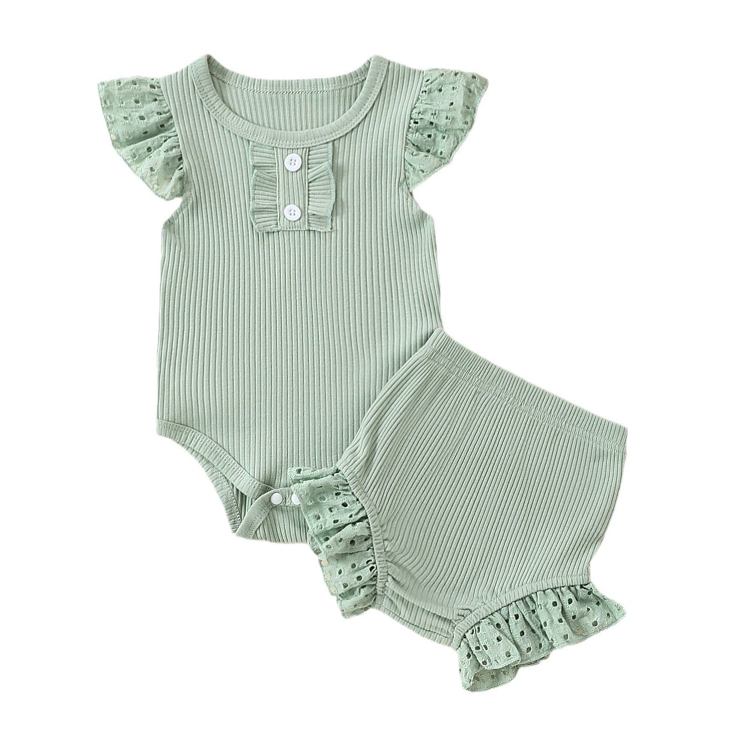 Girls Flounced Sleeve Buttons Sunken Stripe Cotton Shorts Set