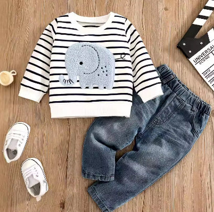 Children's Baby Set Embroidered Striped Long Sleeve Jeans Set