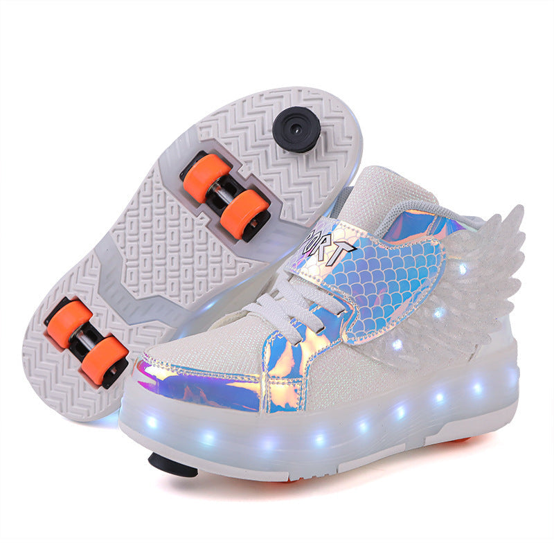 Children's Double-wheel Deformed Wings LED Luminous Rollerskate - Cindi Book