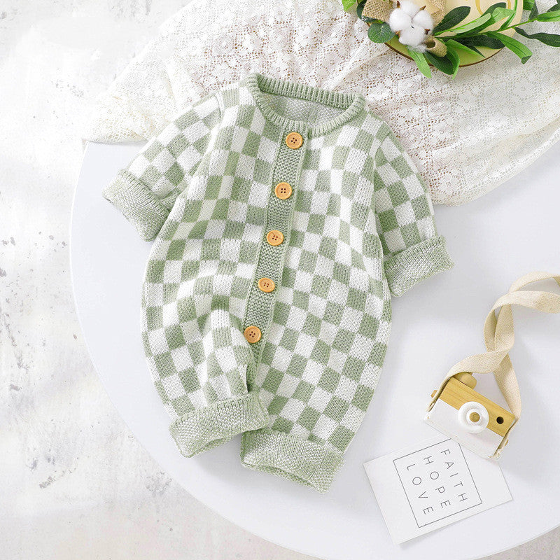 Ins New Chessboard Baby One-piece Garment Thousand Bird Pattern Knitting - Cindi Book