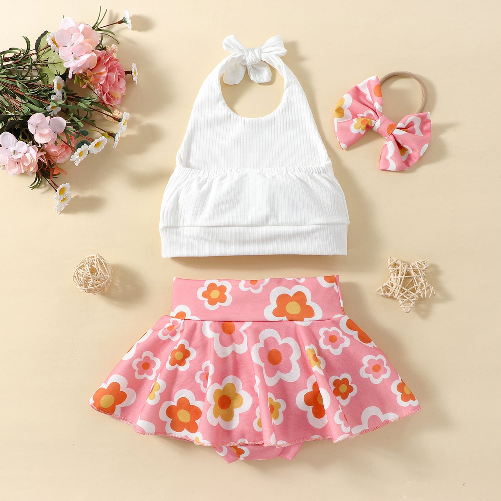 Ins Girls' New Solid Color Sling Top Flower Skort Suit - Cindi Book