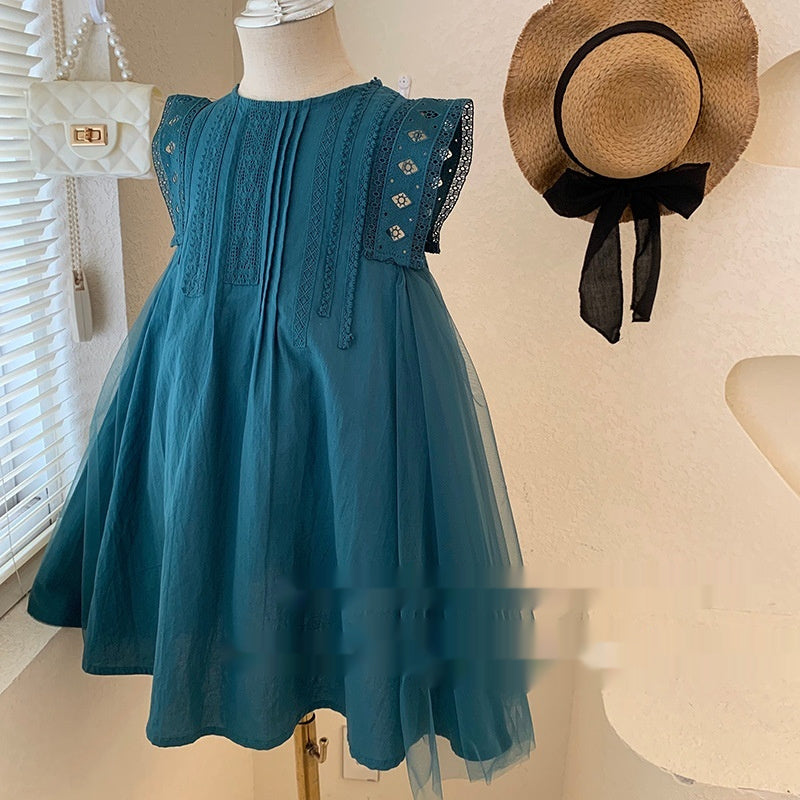 Girls' Summer Green Mesh Stitching Sleeveless Lace Vest Dress - Cindi Book