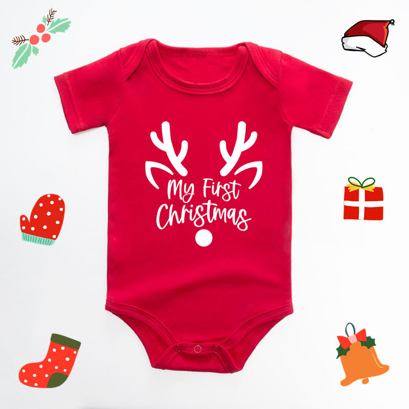 Christmas Deer English Letters Printed Red Triangle Rompers - Cindi Book