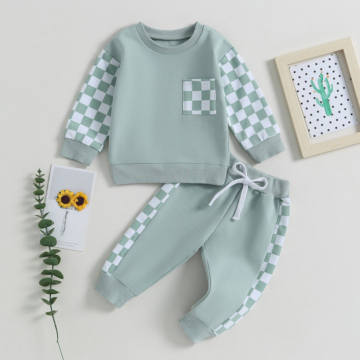 Boys' Chessboard Plaid Patchwork Sweater Sweatpants 2-piece Set - Cindi Book