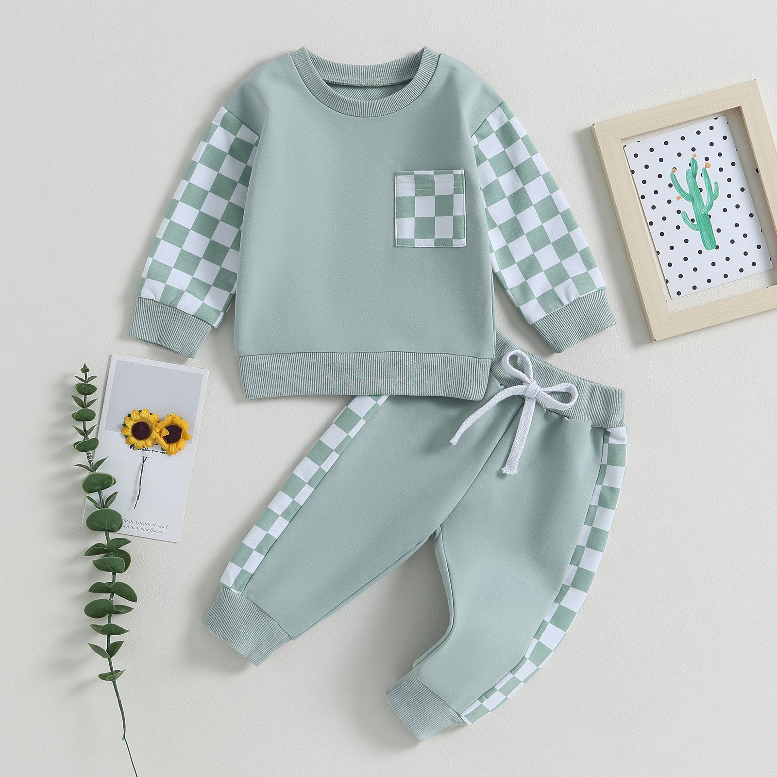 Boys' Chessboard Plaid Patchwork Sweater Sweatpants 2-piece Set - Cindi Book