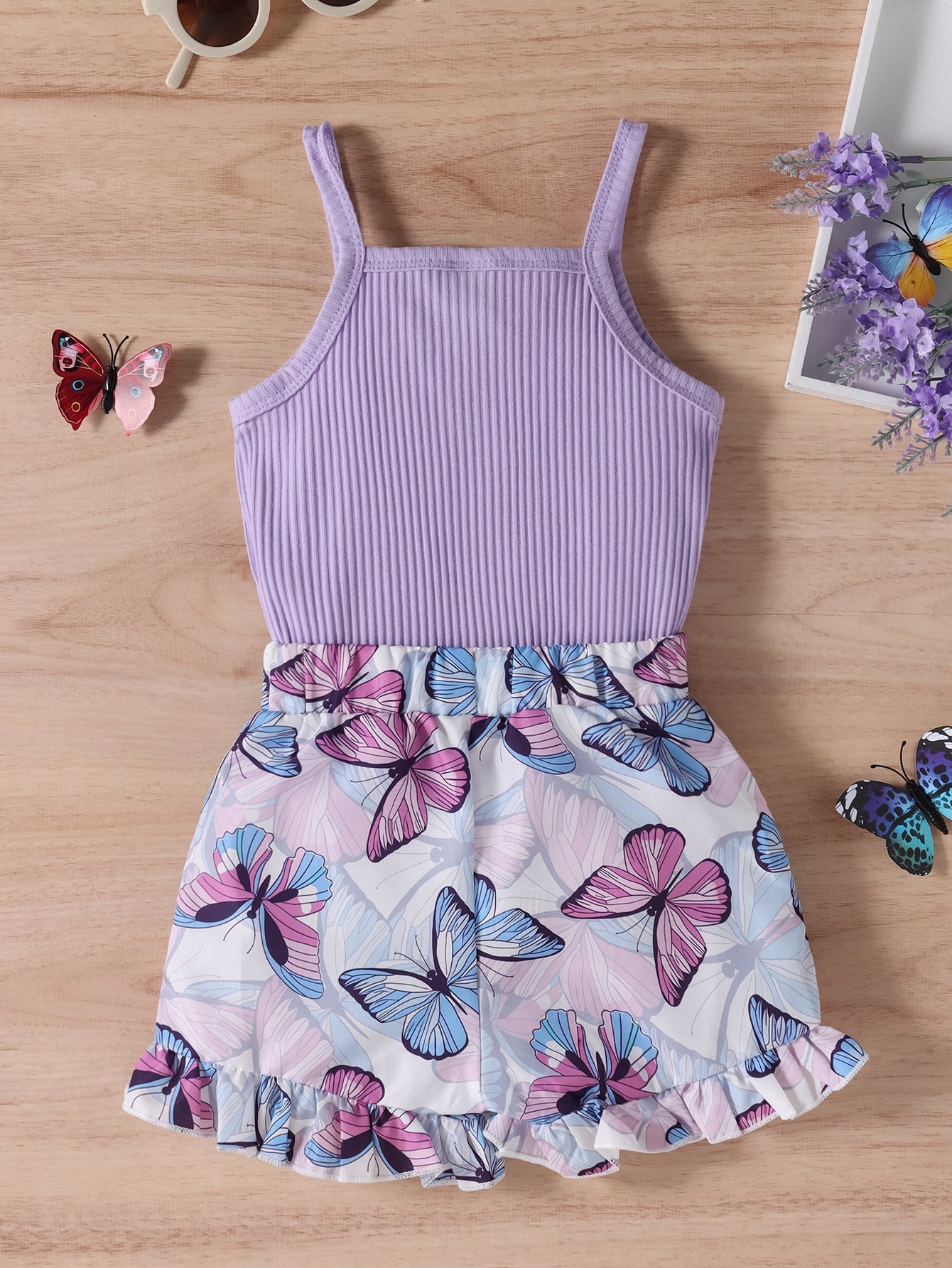 Cute Purple Strap Sunken Stripe Butterfly Shorts Two-piece Set - Cindi Book