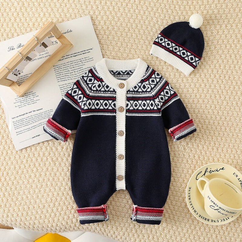 Western Style Striped Knitted Clothing Male And Female Baby One-piece Outing - Cindi Book