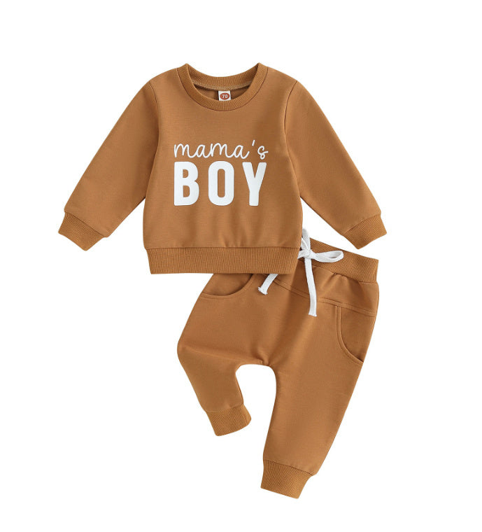 Solid Color Boy Letter Printed Round Neck Long Sleeve Trousers Set