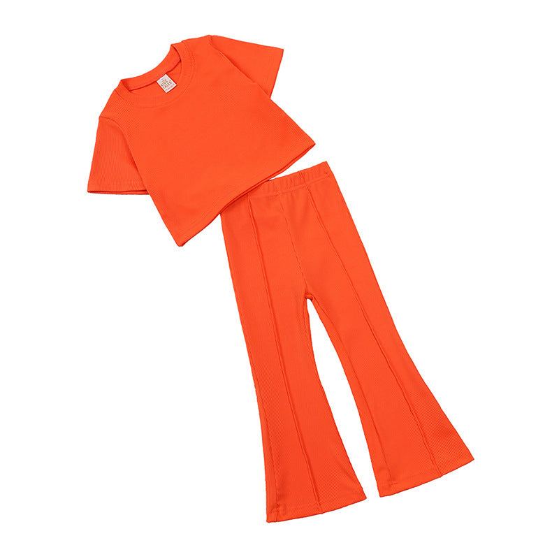 Girls' Short-sleeved Shirt Bell-bottom Pants Two-piece Set - Cindi Book