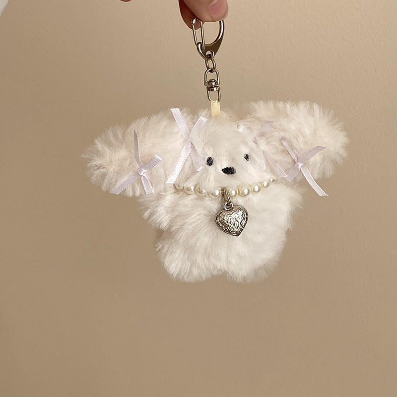 Niche Girl Heart Ribbon Pearl Bow Bunny Keychain Plush Pendant - Cindi Book