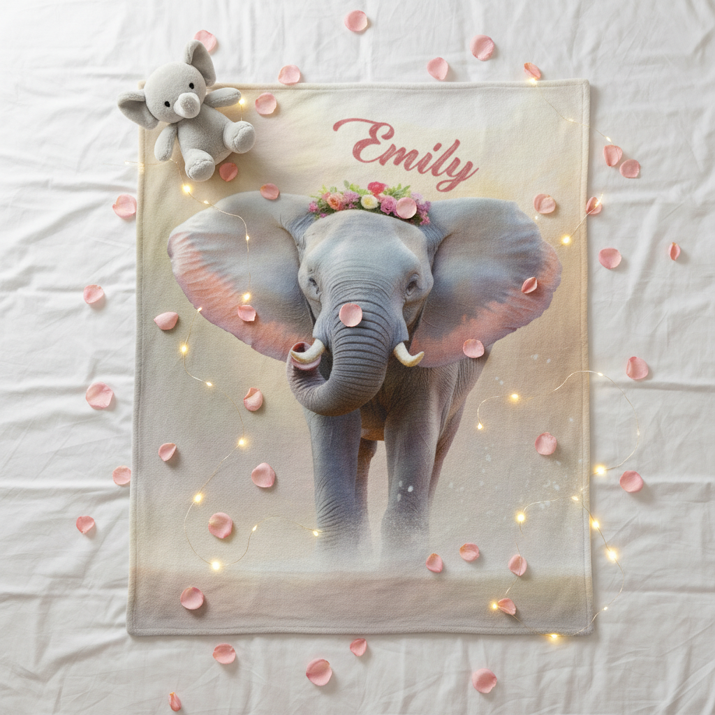 Personalized Elephant Blanket with Name | Floral Crown Design | Custom Gift for Girls, Women & Elephant Lovers