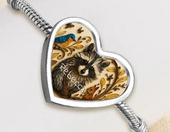Personalized Raccoon Bracelet | Custom Name Heart Charm Snake Chain Bracelet | Silver
