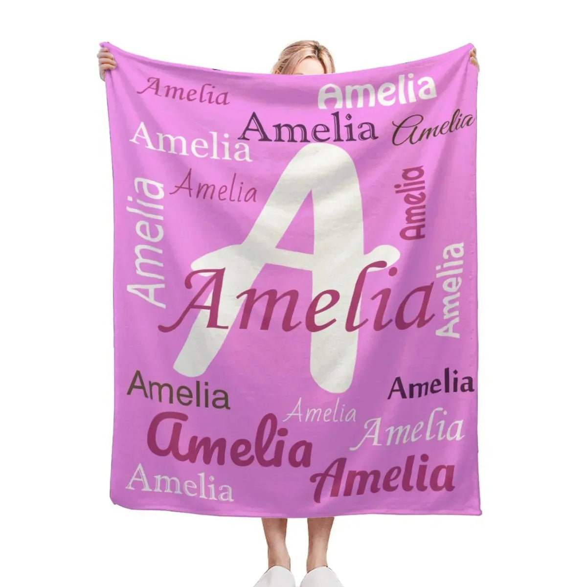Personalized Name Blanket | Custom Initial & Repeated Name | Pink Fleece Throw Gift