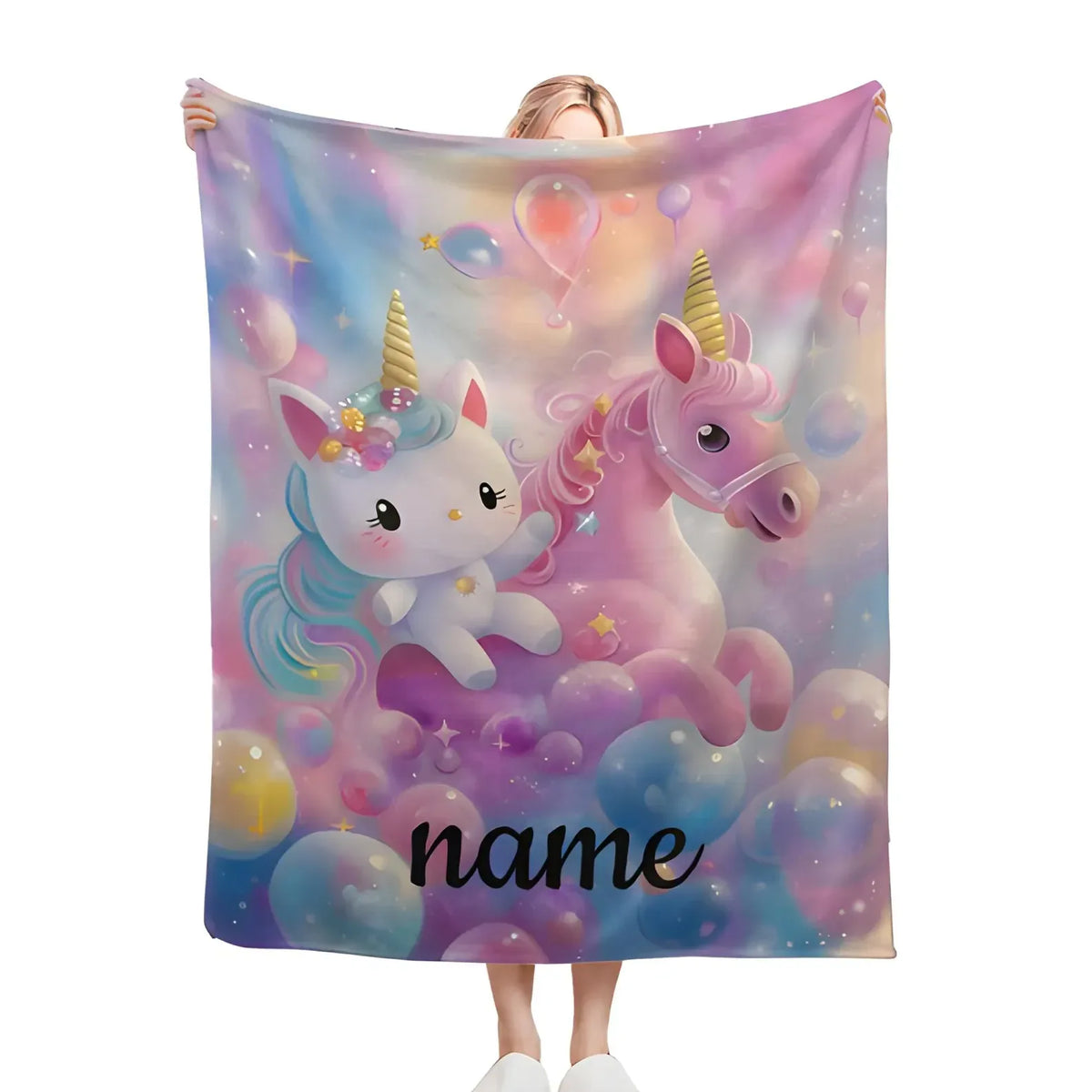 Personalized Kitty & Unicorn Blanket | Custom Name Pastel Rainbow Fleece Throw