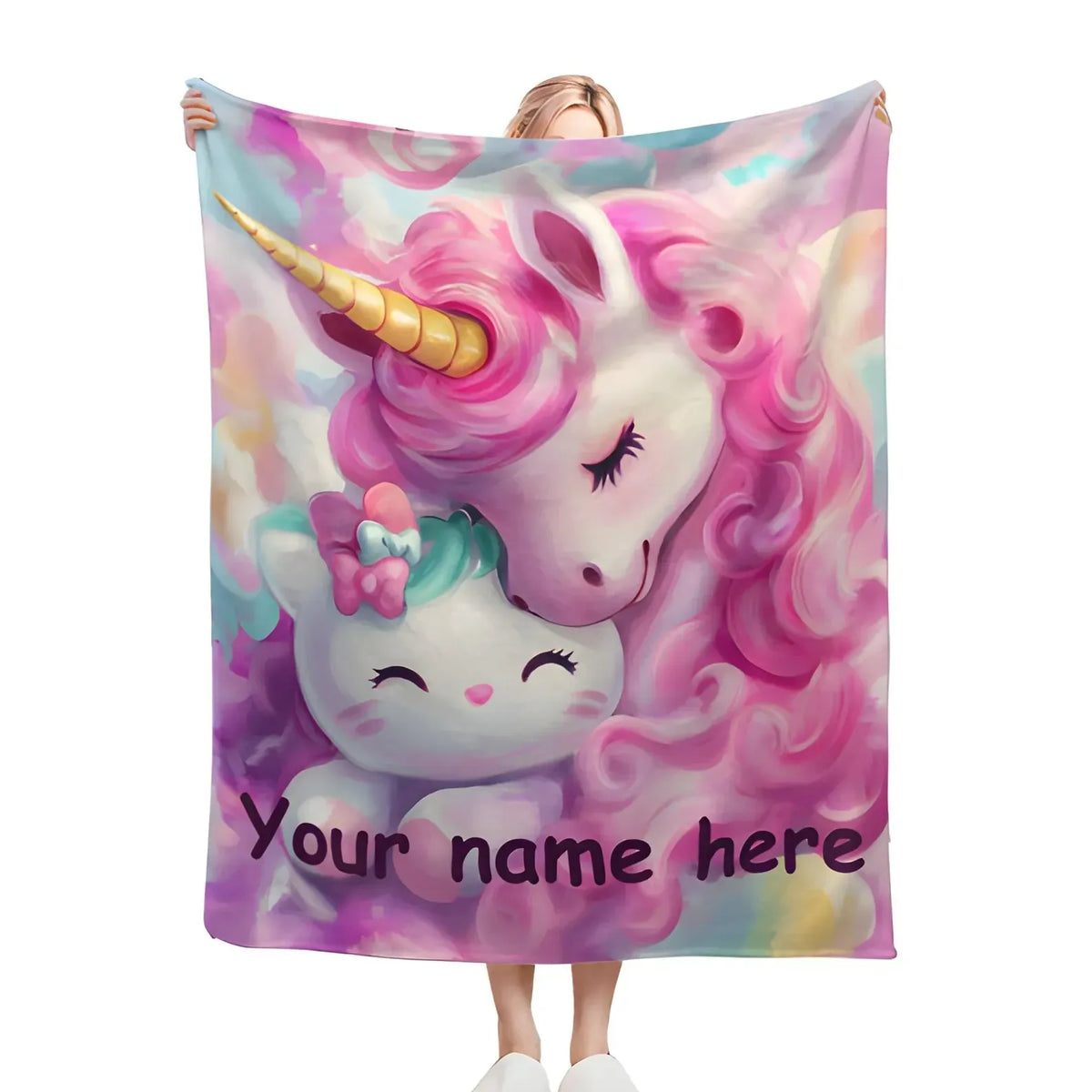 Personalized Unicorn Blanket | Custom Name | Dreamy Pink Unicorn Kawaii Kitty Pastel Rainbow Fleece Throw Gift