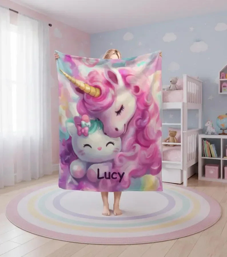 Personalized Unicorn Blanket | Custom Name | Dreamy Pink Unicorn Kawaii Kitty Pastel Rainbow Fleece Throw Gift